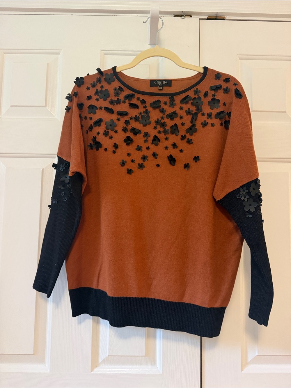 Cristina Rust & Black Floral Applique Crewneck Sweater